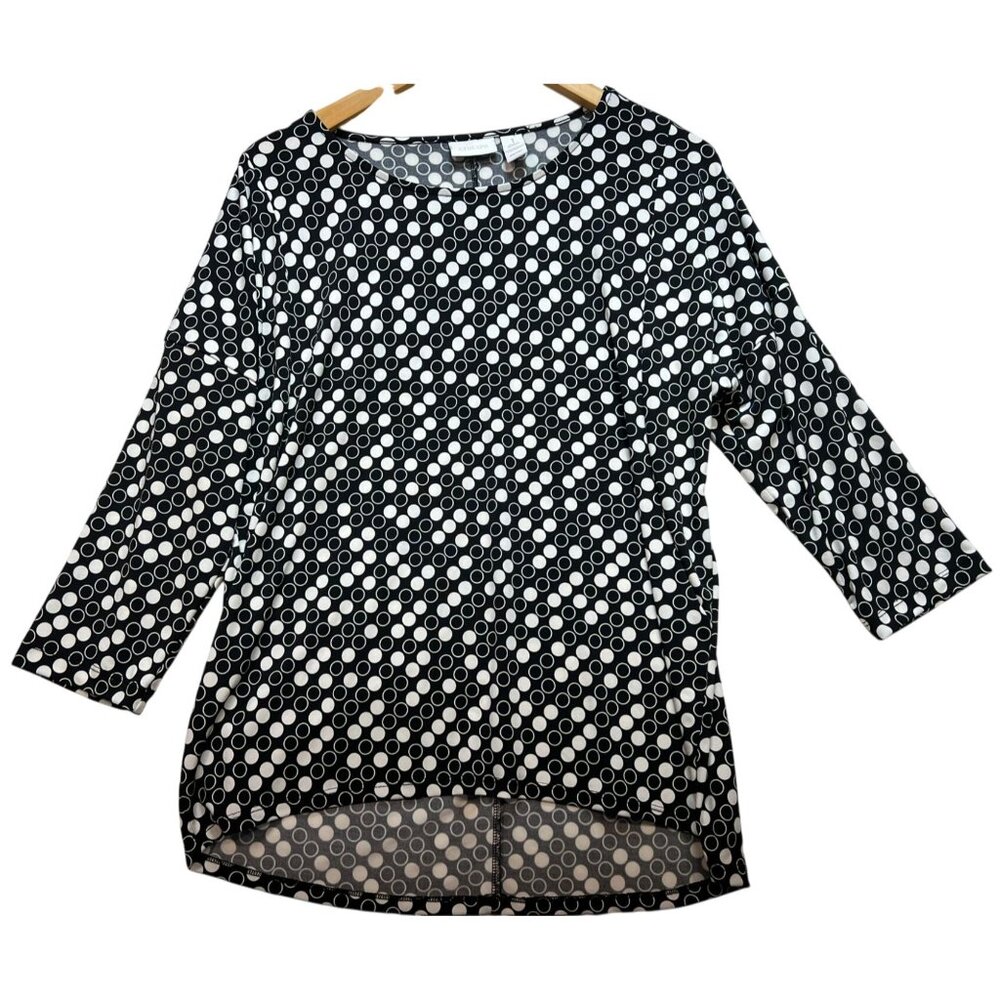 Chico's Women's Casual Tunic Top 3/4 Sleeve Stretch Size 1 Black White Polka Dot